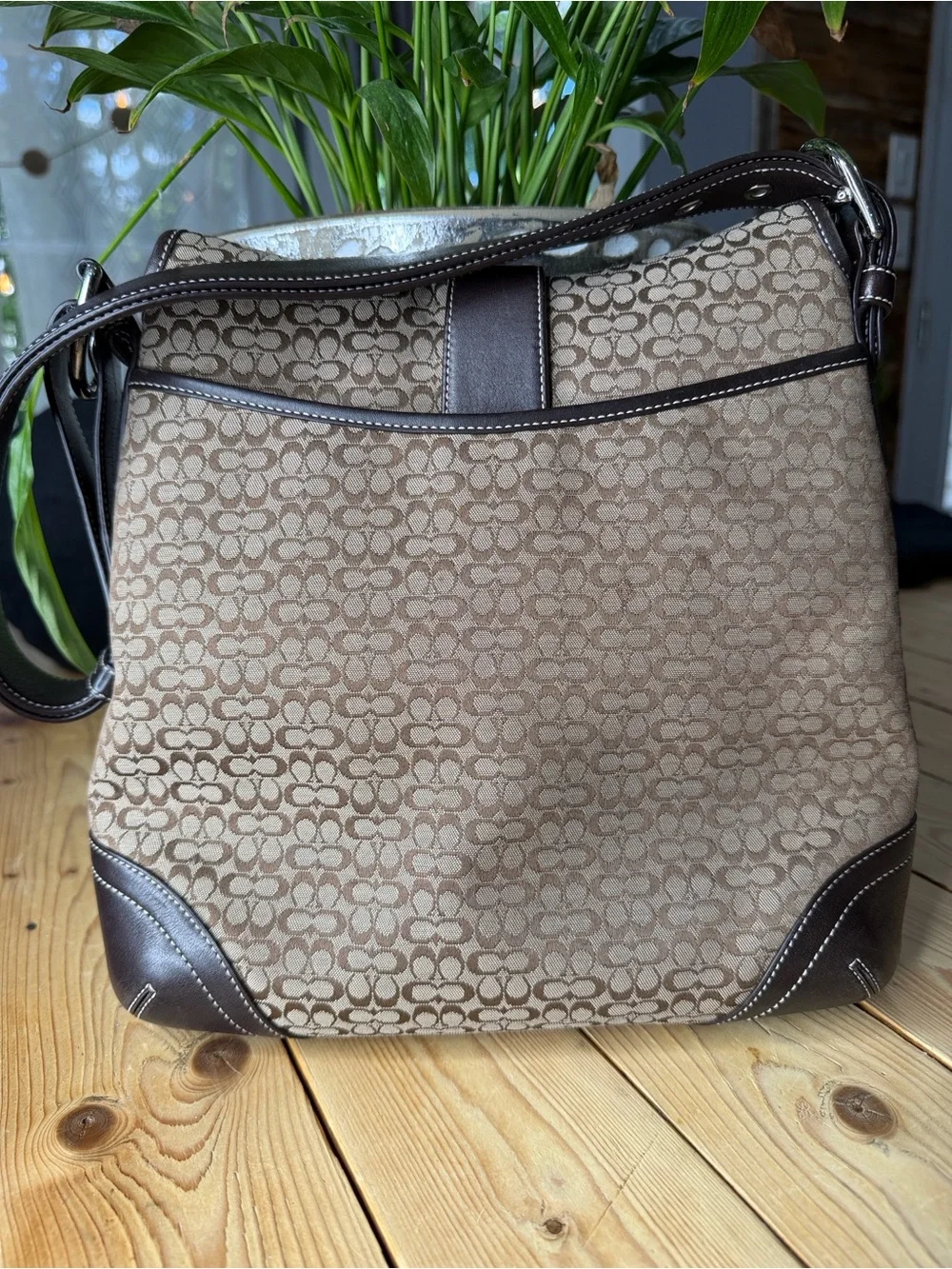 Coach Authentic Vintage Leather-Trim Brown Signature Crossbody Bag